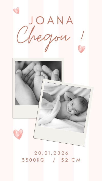 Anúncio de nascimento com fotos a preto e branco de bebé e texto sobre fundo às riscas rosa.