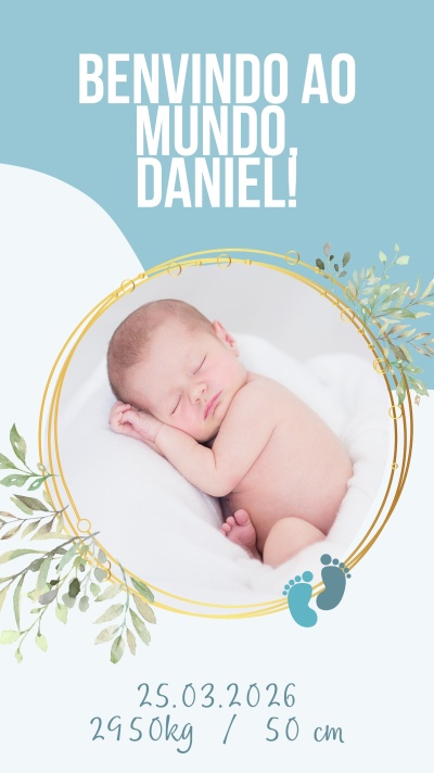 Anúncio de nascimento com foto de bebé e texto informativo em fundo azul e branco