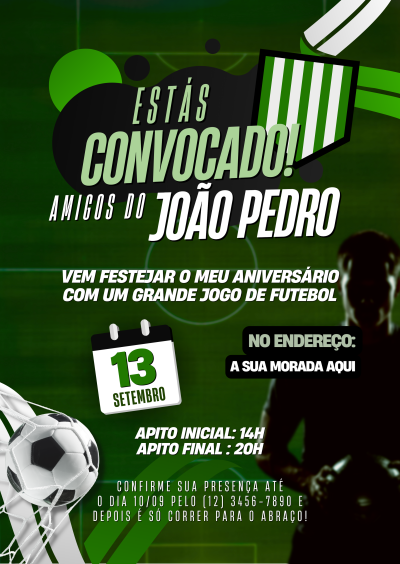 Convite para festa de aniversário com jogo de futebol no dia 13 de setembro, texto em verde e branco sobre fundo verde escuro com bola de futebol e apito