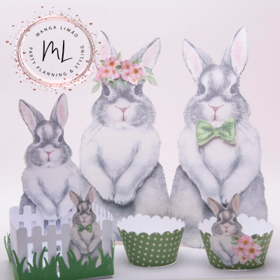 Ilustração de três coelhos com acessórios floral e gravata, embalagens verdes com bolinhas, cerca branca e logo MANGA LIMÃO.