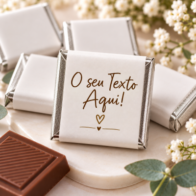 Barra de chocolate embrulhada em papel branco e prata com texto personalizado