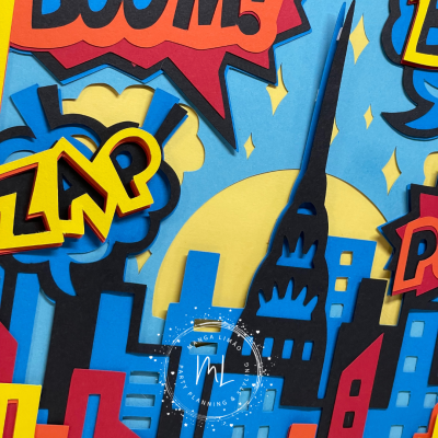 Arte em papel recortado com edifícios coloridos e palavras estilo quadrinhos