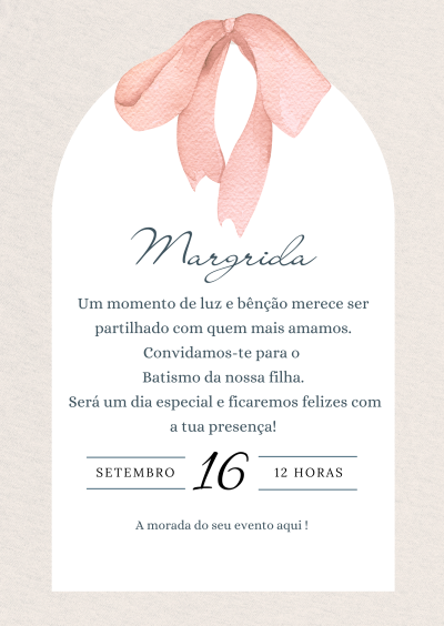 Convite de batismo com laço rosa e texto em português