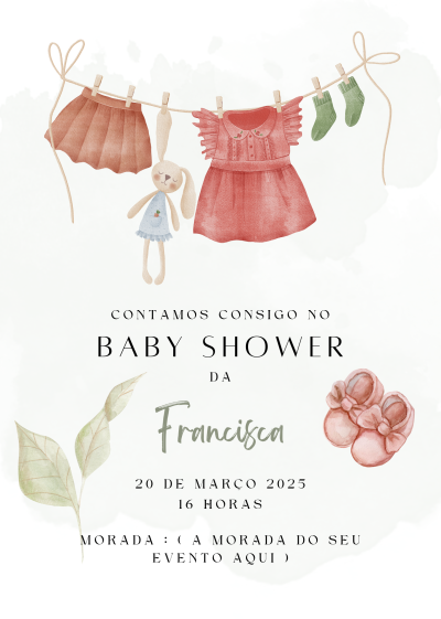 Convite para baby shower com roupas de criança e texto em português