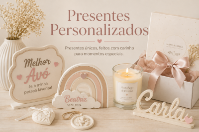 Presentes personalizados com placa para avó, arco-íris com nome, vela, nome Carla em madeira, ornamentos e caixa com laço rosa