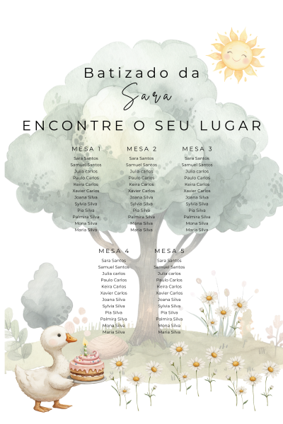 Programa de batizado com mesa e nomes sob uma árvore, sol sorridente e pato com bolo