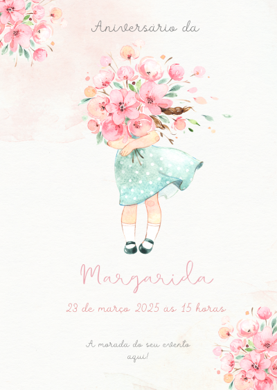 Convite de aniversário com menina e flores em tons de rosa e verde.
