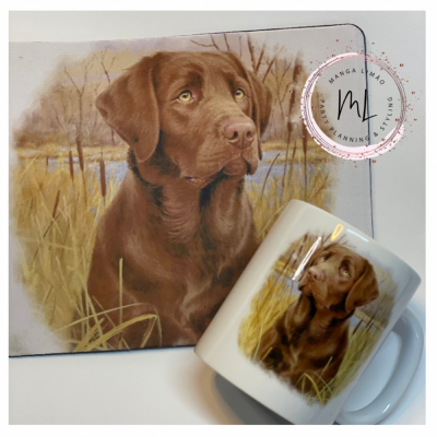 Conjunto de tapete de rato e caneca com imagem de cão labrador castanho no campo