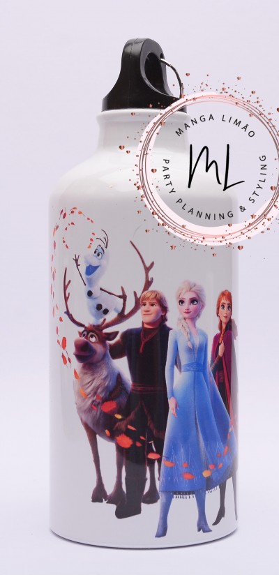 Garrafa branca com personagens do Frozen e tampa preta