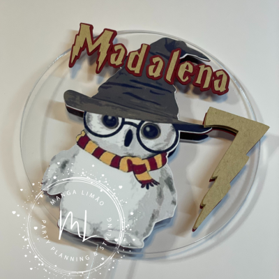 Placa decorativa redonda com coruja fantasiada e texto Madalena 7
