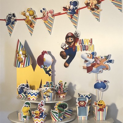 Decoração de festa de aniversário Super Mario com personagens coloridos e padrões risca e zigzag