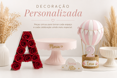 Decoração personalizada com letras, flores vermelhas, cake stand rosa, balão rosa e branco e placa decorativa