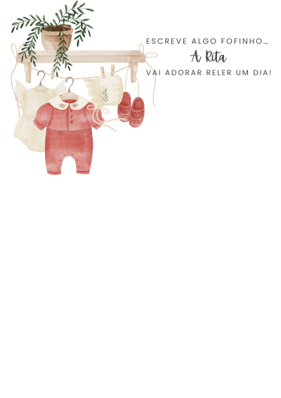 Ilustração de roupas de bebé penduradas num varal de madeira com planta em vaso