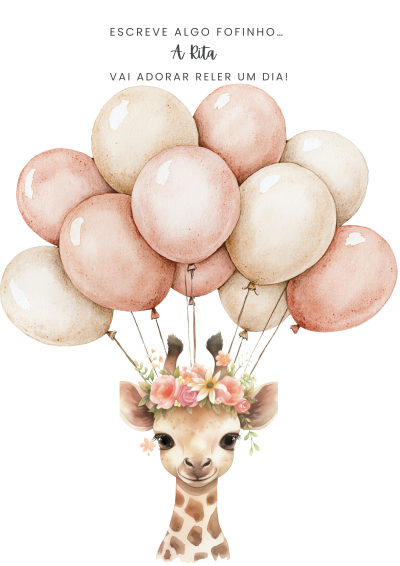 Girafa com coroa de flores e balões em tons pastel, texto em português