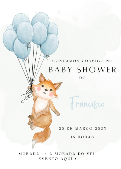 Convite baby shower com raposo e balões azuis