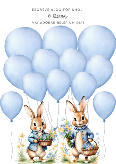 Dois coelhos com balões azuis, flores e cestos de ovos coloridos