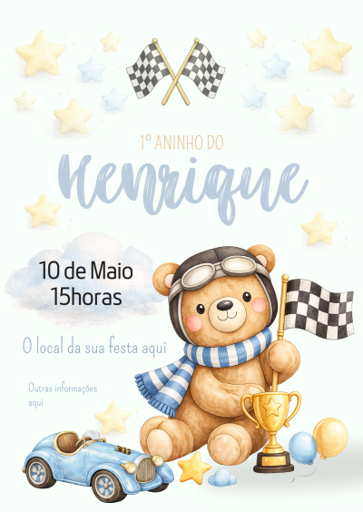 Convite infantil para 1º aniversário com ursinho e tema corrida.