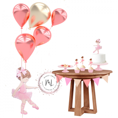 Mesa redonda decorada para festa de ballet com bolo, cupcakes, balões e figura de bailarina