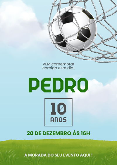 Convite de aniversário com bola de futebol na rede e texto em português