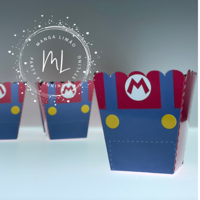 Caixas para pipocas com design Mario em azul, vermelho e amarelo