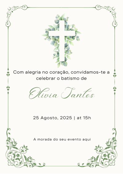 Convite de batismo com cruz branca e decoração verde