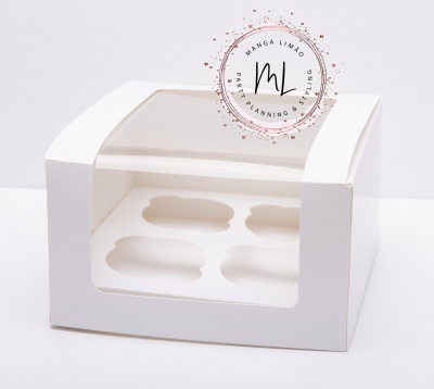 Caixa de cartão branca para 4 cupcakes com tampa transparente