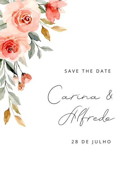 Convite de casamento floral com texto em português e inglês