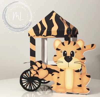 Carrinho decorativo com figura de tigre caricatural em tons de castanho e preto