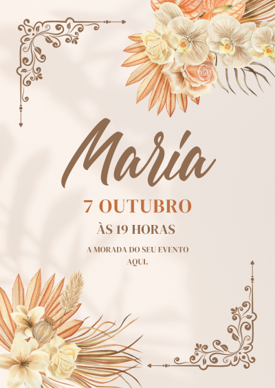 Convite floral em tons bege e laranja com texto informativo em castanho e laranja