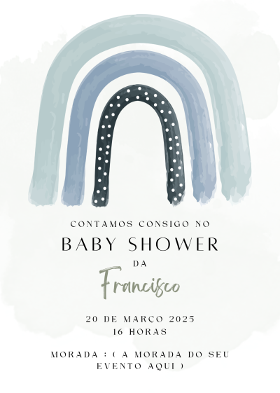 Convite baby shower tons cinzentos e azul com texto em português