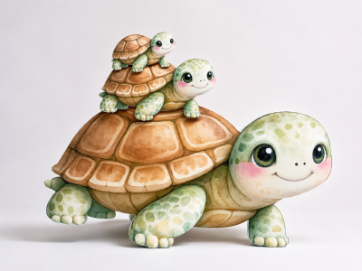 Três tartarugas de pelúcia sorridentes empilhadas em fundo branco