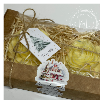 Caixa castanha com flores amarelas e etiquetas natalícias