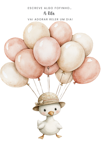 Ilustração patinho com balões em tons pastel e texto em português