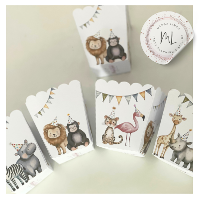 Caixas de papel decorativas com ilustrações de animais em festa