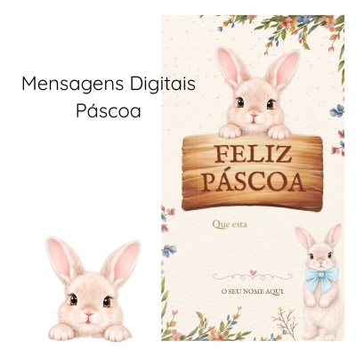 Cartão digital de Páscoa com coelho e placa de madeira feliz Páscoa