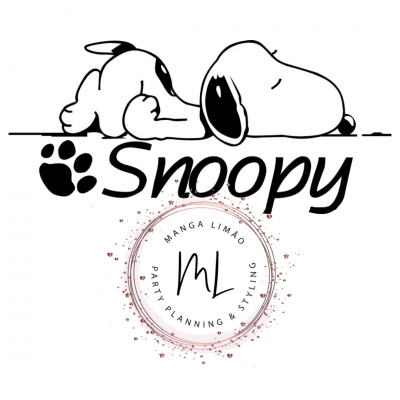 Desenho preto e branco do Snoopy deitado e logo com texto Snoopy e selo circular Manga Limão Party Planning & Styling.