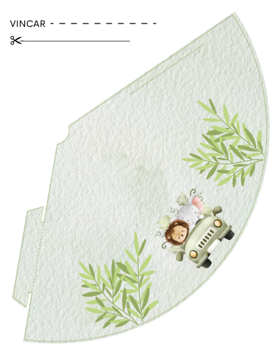 Molde para decoração branca com folhas verdes e desenho de três animais num carro