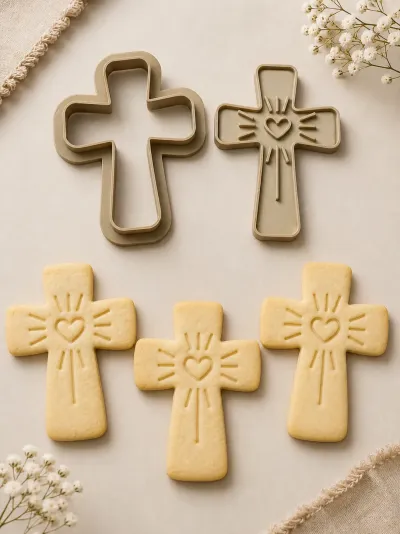 Cortadores de biscoitos em forma de cruz e biscoitos com relevo de coração e raios