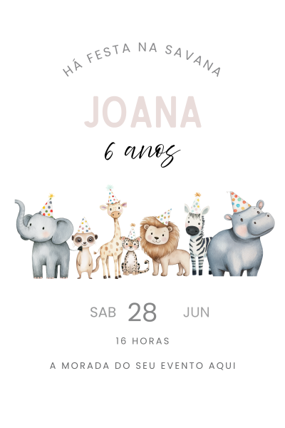 Convite de aniversário infantil com animais da savana usando chapéus de festa e texto em português