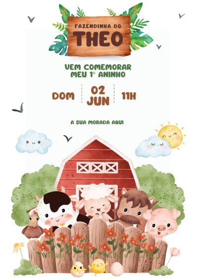 Convite aniversário tema fazendinha com animais e celeiro colorido
