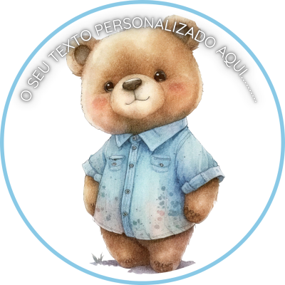 Ursinho vestido com camisa azul claro dentro de círculo azul com texto personalizado