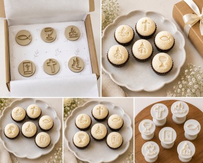 Carimbos e moldes brancos e bege com símbolos religiosos e cupcakes decorados num prato cerâmico