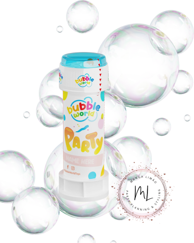 frasco de bolhas de sabão com rótulo colorido e tampa azul