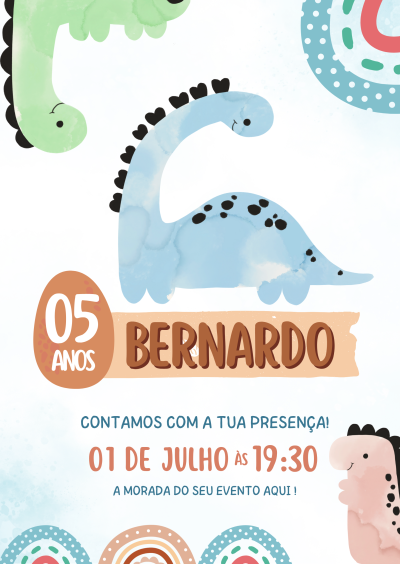 Convite de aniversário infantil com dinossauros e texto colorido