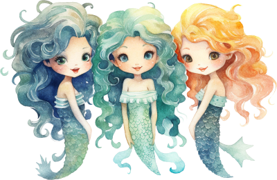 Três bonecas sereias coloridas em estilo cartoon com caudas escamosas e cabelos ondulados