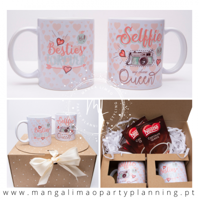Conjunto de duas canecas brancas decoradas com texto e corações dentro de caixa castanha com laço creme e chocolates Nestlé
