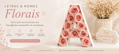 Letra decorativa branca com flores cor-de-rosa e suporte em forma de nuvem com texto decorativo