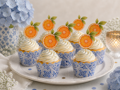 Seis cupcakes decorados com cobertura branca e granulados azuis em forminhas azuis com padrão, com toppers de fatias de laranja e folhas verdes.