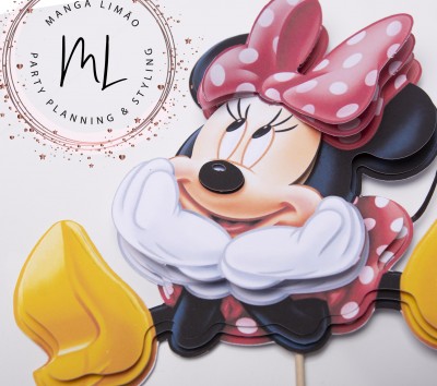 Decoração de festa Minnie Mouse em cartão com laço rosa às bolas brancas e sapatos amarelos