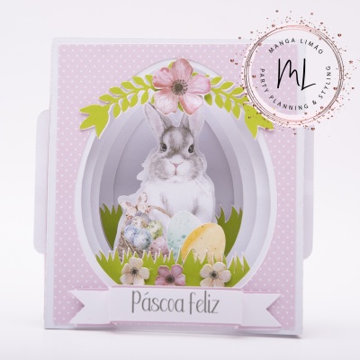 Cartão 3D de Páscoa com coelho e texto Páscoa feliz